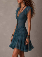 Violeta | Vestido Azul de Encaje y Muselina con Volantes