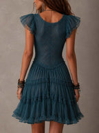 Violeta | Vestido Azul de Encaje y Muselina con Volantes