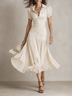 ISLA | Vestido Midi Plisado de Rayas Estilo Camisero