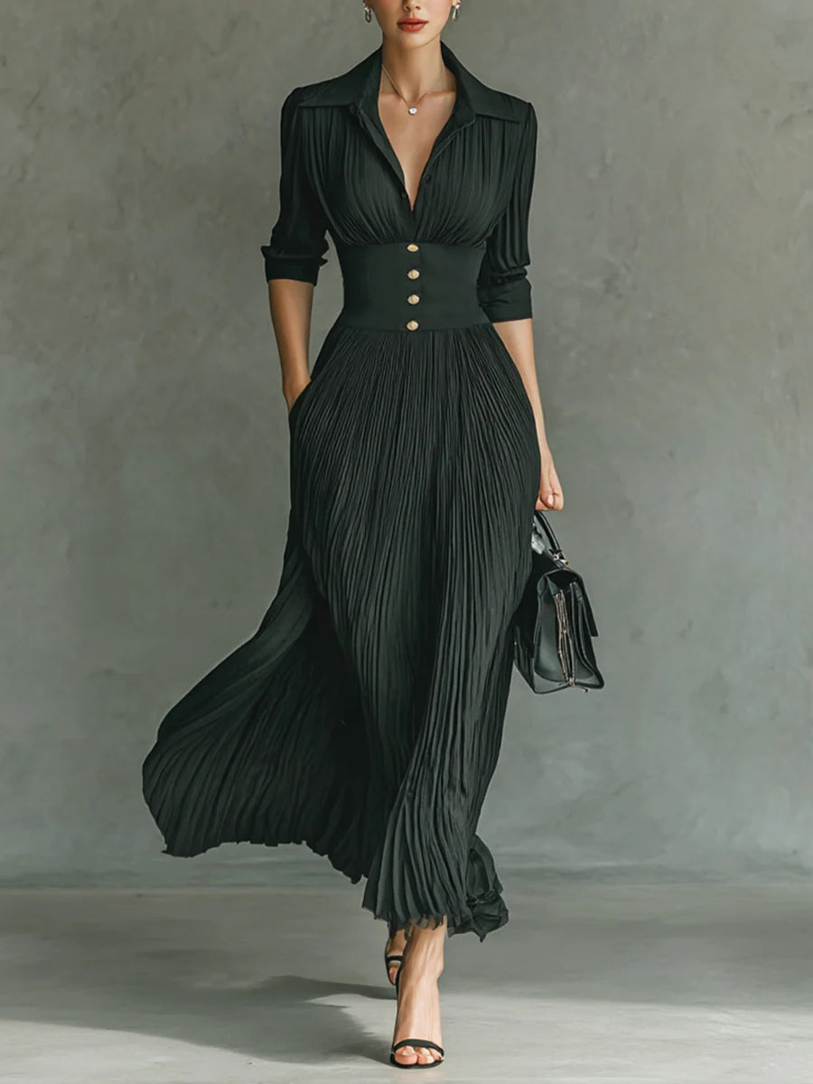 Elvire | Vestido Largo Plisado con Cinturón y Talle Alto