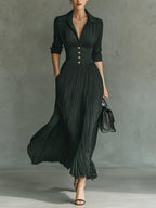 Elvire | Vestido Largo Plisado con Cinturón y Talle Alto