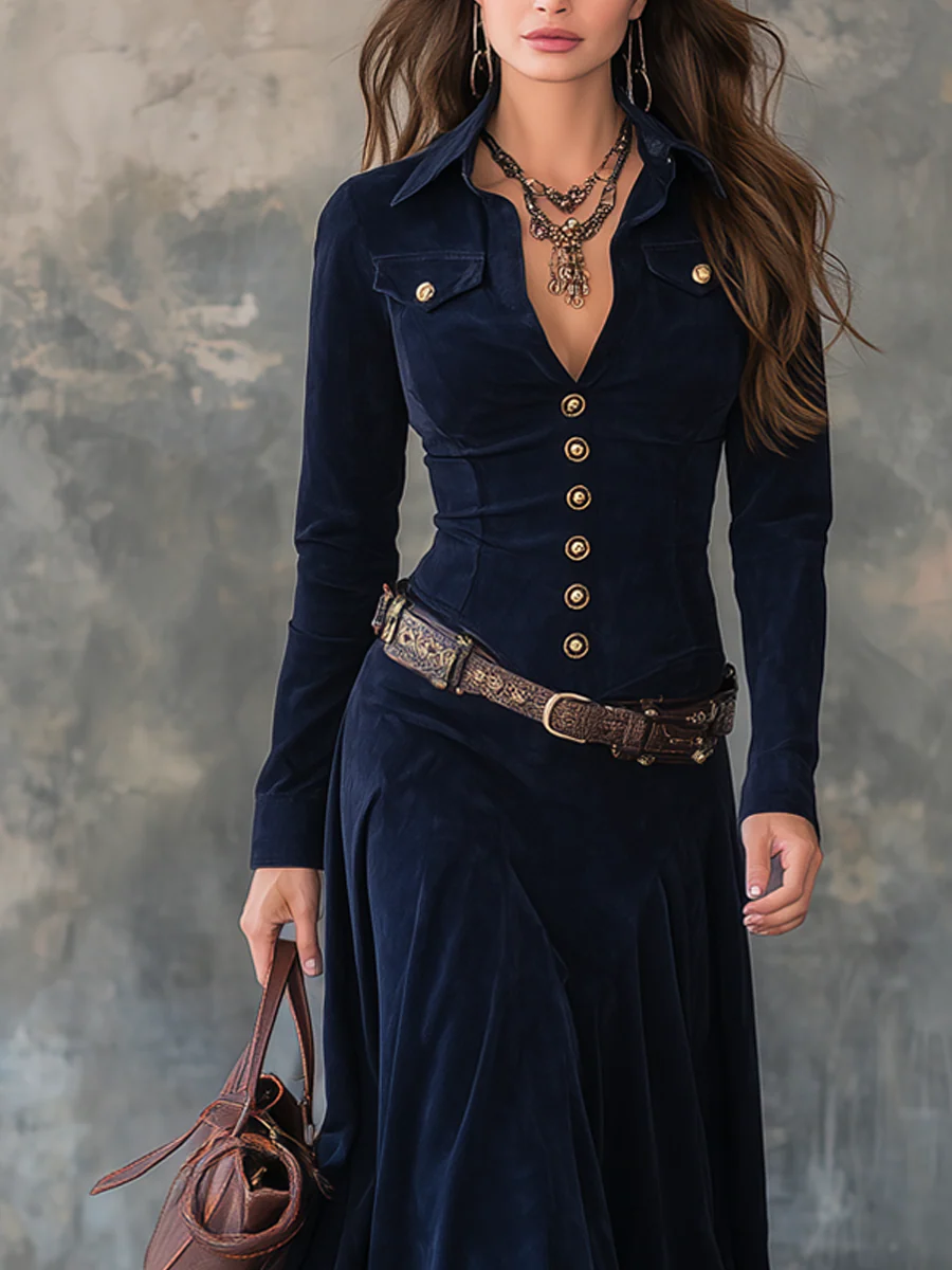 Greta | Vestido Maxi de Ante con Botonadura