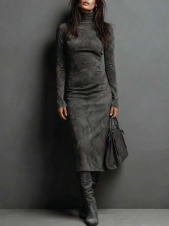 Lorène | Vestido Midi de Ante con Cuello Alto
