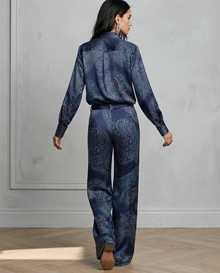 Cloe | Conjunto de Camisa Satinada Estampada y Pantalón Ancho