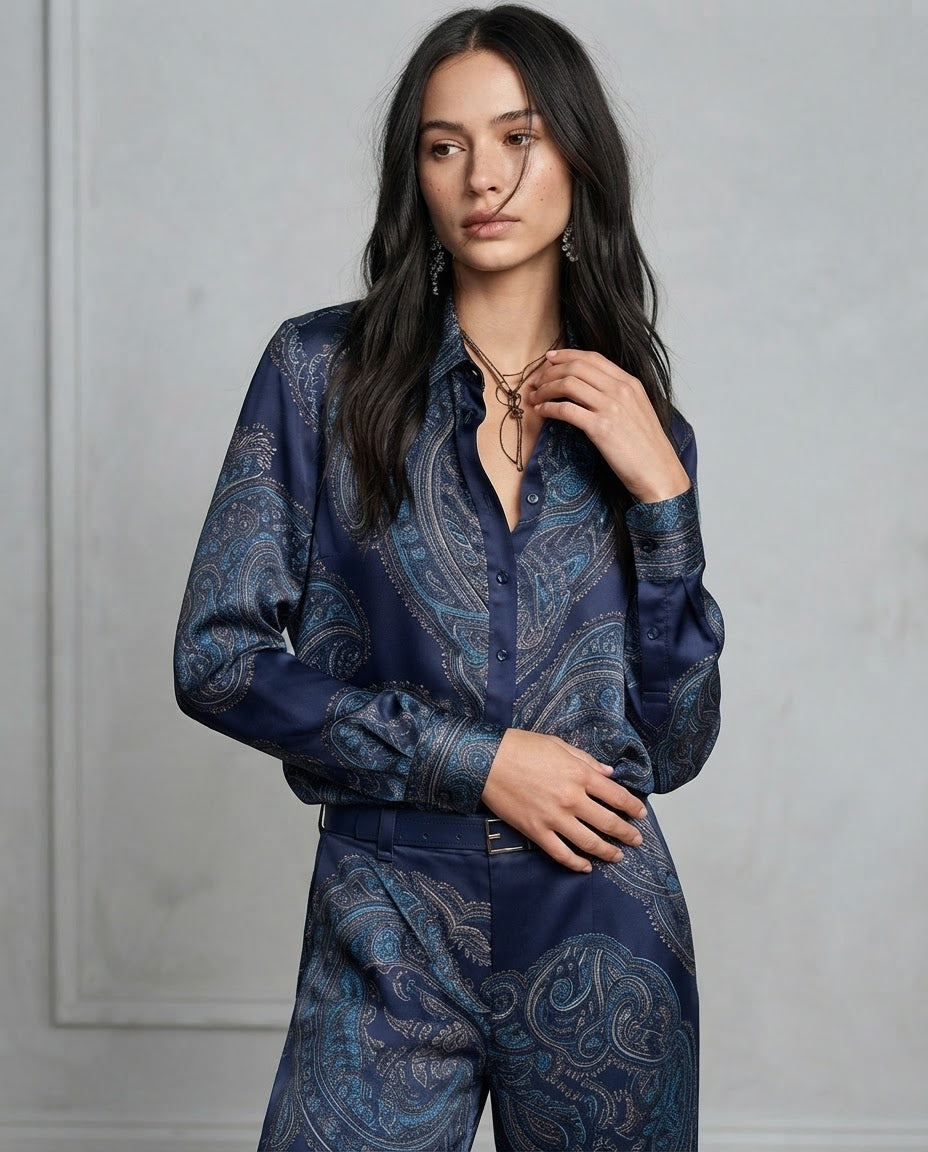 Cloe | Conjunto de Camisa Satinada Estampada y Pantalón Ancho