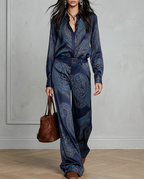Cloe | Conjunto de Camisa Satinada Estampada y Pantalón Ancho