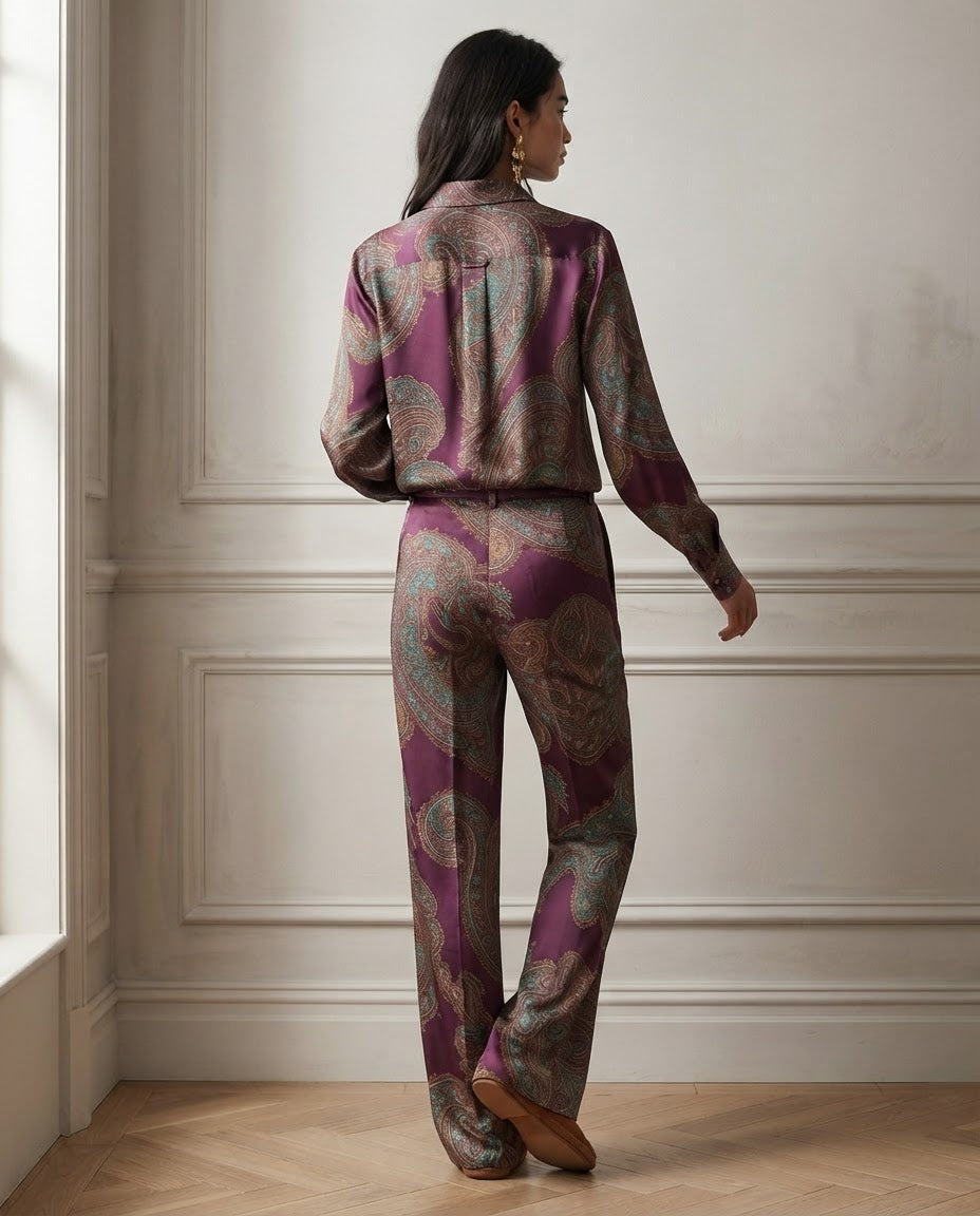 Cloe | Conjunto de Camisa Satinada Estampada y Pantalón Ancho