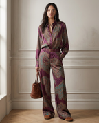 Cloe | Conjunto de Camisa Satinada Estampada y Pantalón Ancho
