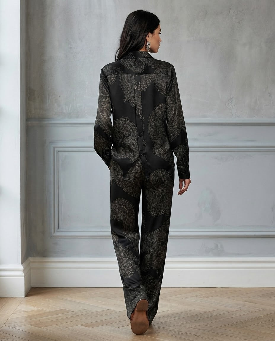 Cloe | Conjunto de Camisa Satinada Estampada y Pantalón Ancho